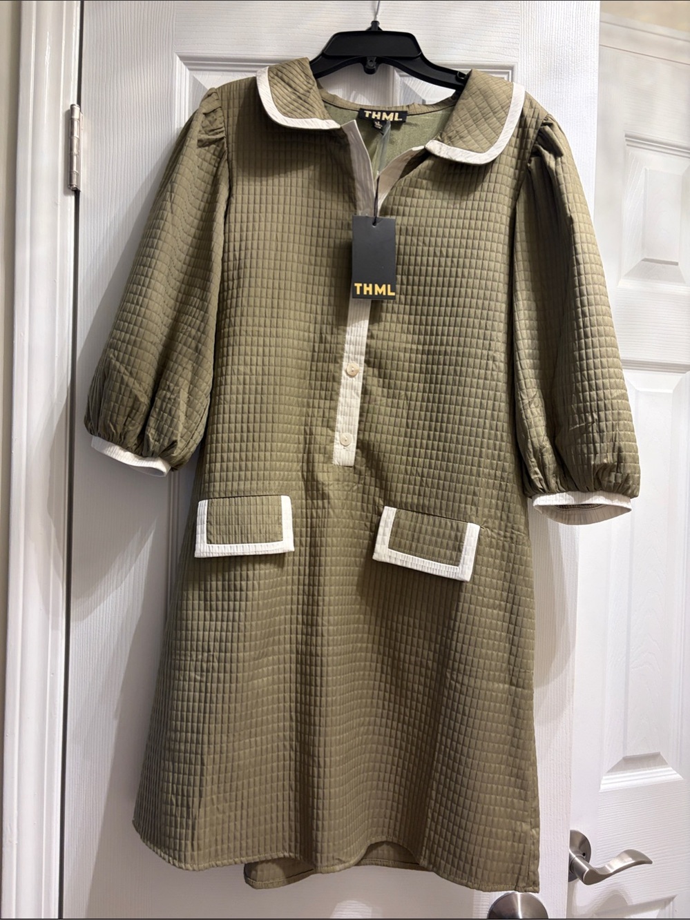 THML Olive Green Quilted Dress with White Trim
